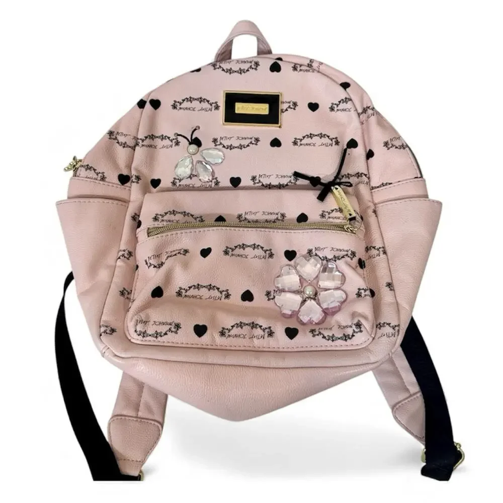 Betsey Johnson Pink Black Rhinestone Backpack Women’s Bee Bag